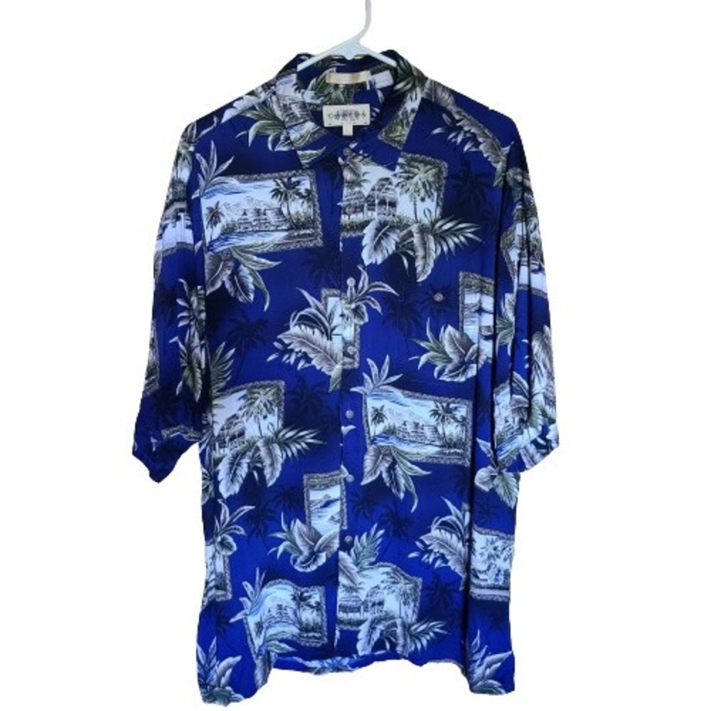 Campia Moda Hawaiian Shirt Men XL Blue w/ Palm Trees; Island Feel 100% Rayon